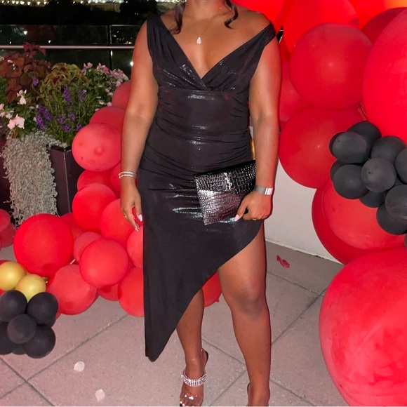 Norma Kamali Tara Side Drape Dress in Black Lame Size Small - Picture 6 of 6